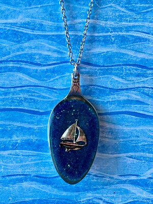 Vintage Spoon Necklace Sailboat Resin - image1